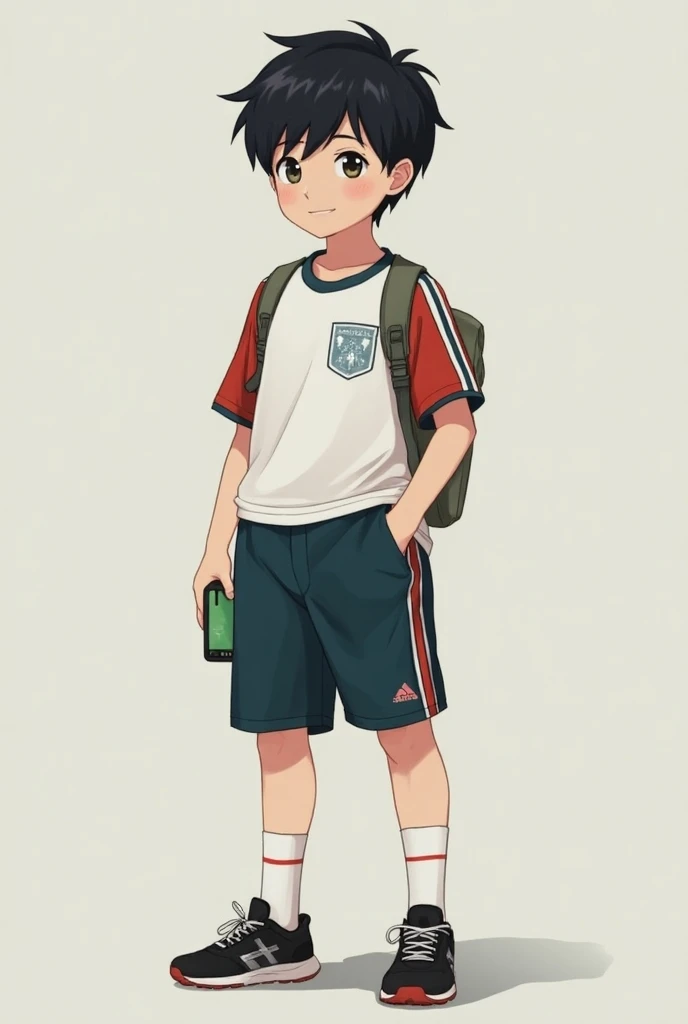 Boy  boy wearing socks and team jersey with short straight hair and extremely black fringe carrying a green cell phone