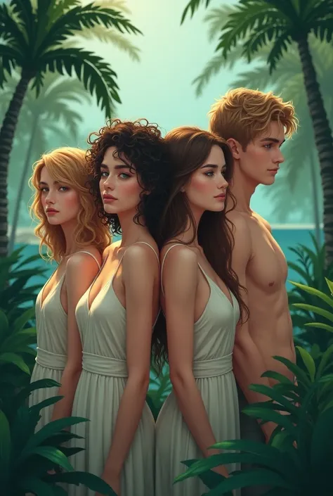 Two women,  one of them with curly hair and the other with straight brown hair with two men,  one of them blond blue eyes and the other brown hair with blue eyes . On an island backwards with a text that reads “The Summer of Lost Encounters”