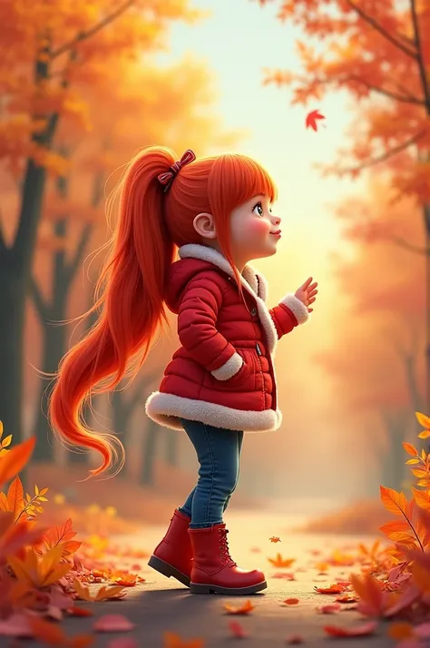 A girl with a lush red hair tail with a bow red jacket with a white edge jeans blue red boots sends an air kiss autumn is brightly beautiful