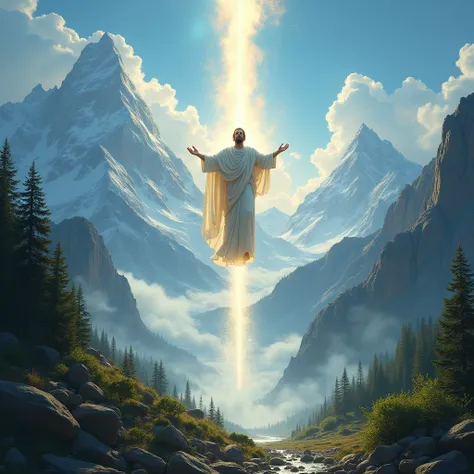 Enoch rises to heaven from a mountainous place give me a panoramic image 