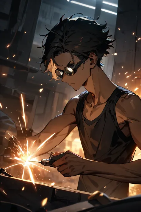 1boy, malefocus, solo, dramatic, soldering a bomb, sparks,  wearing black tank top and stylish goggles, side profile, embers, indoor, night, upper body, cinematic angle,, (masterpiece), (best quality), (ultra-detailed), very aesthetic, illustration, seriou...