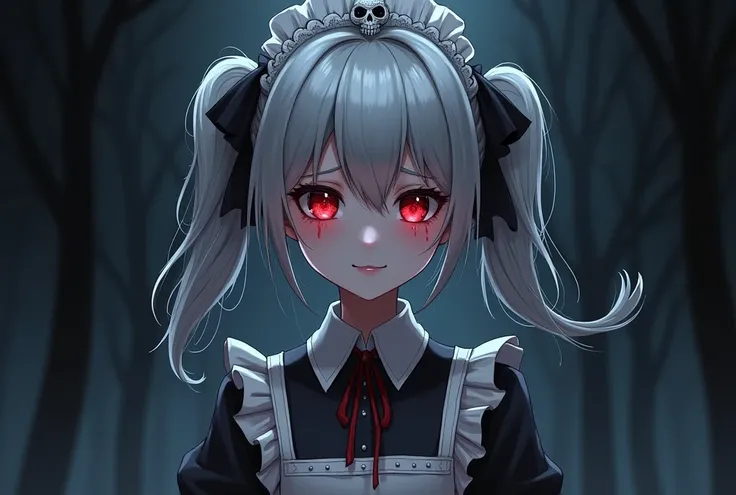 1 girl, red eyes, Tears, Shine, smile, vestido de sirvienta, skullgirls, dark place,  silver hair, braids, Skull accessory Hair between eyes,  short hair, twin tails, gray hair, 