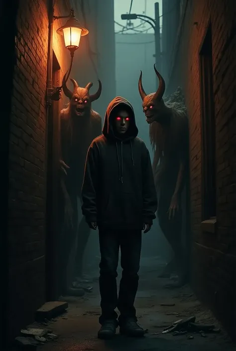 18-year-old boy named Molina wearing a sweatshirt and hoodie being attacked by satans in a dark alley