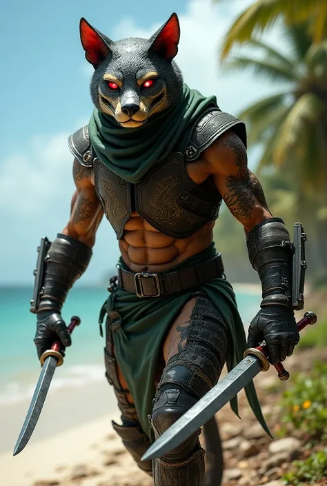  Imagine an ultra-realistic humanoid Andean cat hybridized with the character Kabal from Mortal Kombat, walking through the forests of Cuba .  He is equipped with technological combat armor .  He wears a metallic mask with gray and gold details that covers...