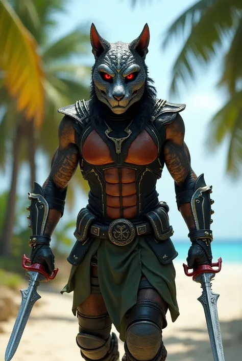  Imagine an ultra-realistic humanoid Andean cat hybridized with the character Kabal from Mortal Kombat, walking through the forests of Cuba .  He is equipped with technological combat armor .  He wears a metallic mask with gray and gold details that covers...