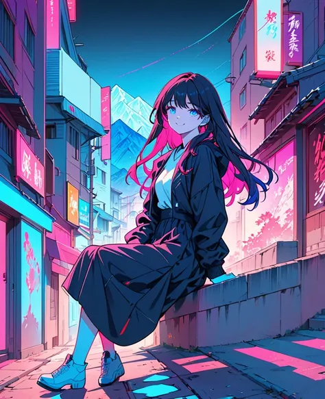 masterpiece, best quality ,1 Synthwave style girl,Blue Contour, Neon Shines Street ,Blue fluorescent paint,Lonely,the above,Cowboy shooting,  Sit on a Building ,  very detailed CG, flat color , Limited Color Palette , Nolan Art ,Contour,Partial coloring,al...