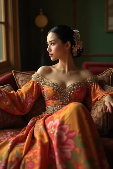 indonesian women wear gown, she is sitting in the sofa