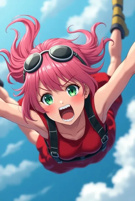 Anime girl, pink hair, headband, red dress, hair blowing back,green eyes, eyes forced open, goggles flying off, skydiving, face bulging, arms wrinkled, teeth clenched, mouth wide open, dress flying.