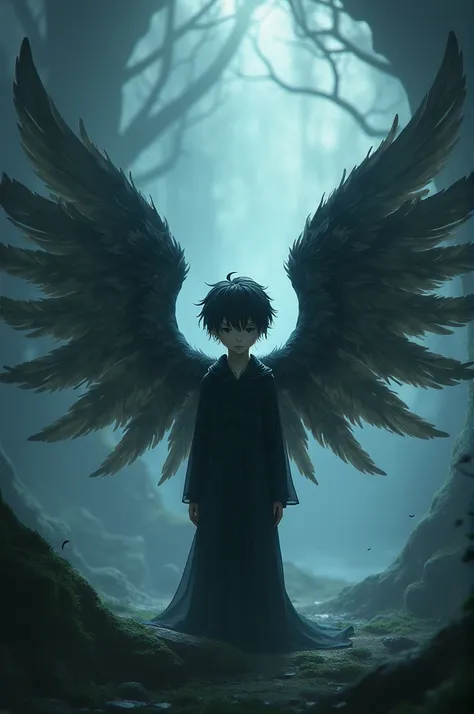 A dark-haired boy with 6 wings put two wings on his head