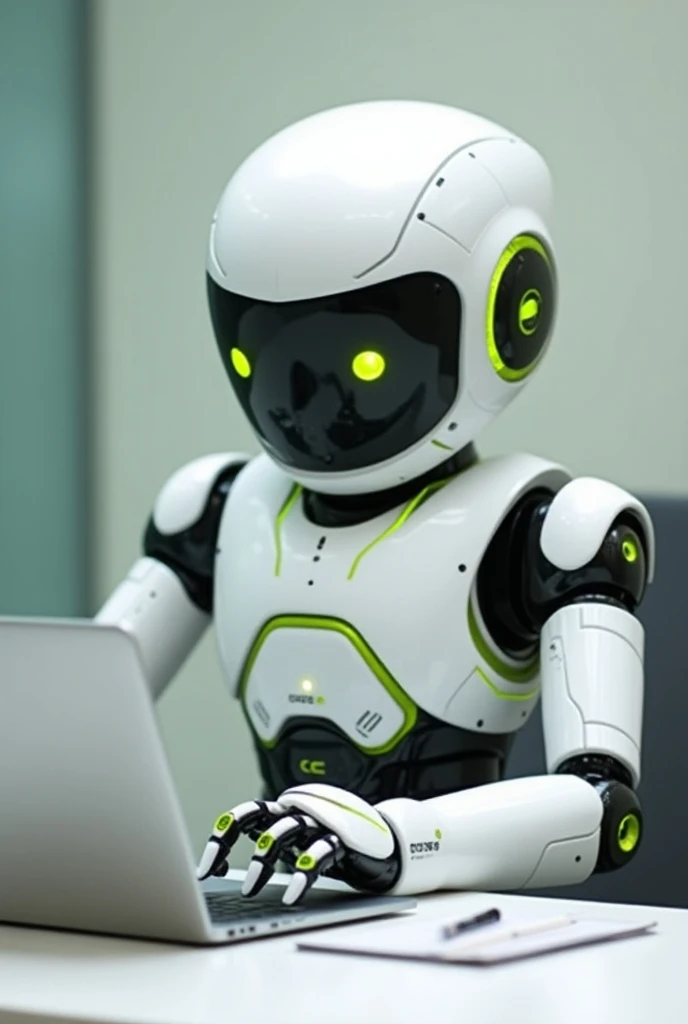 Create an image of a modern white robot with green (#00bc00) and black details, sitting at a desk and providing customer service while working on a laptop. The robot should have a sleek, futuristic design, with smooth surfaces, and its green (#00bc00) colo...