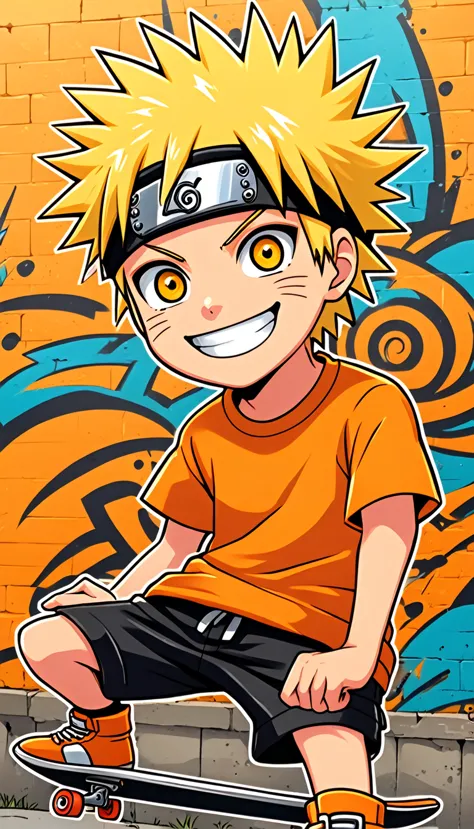 Naruto Uzumaki, A cartoon doodle character，Vector illustration，A sweet and lovely ，With spiky, yellow colored hair，Unique and wild style，Wearing orange T-shirt，Black shorts and red shoes, he often has a mischievous smile，And stir up trouble in the nameless town, he was known for her skateboarding skills and nonchalant attitude, Standing in front of a graffiti style background，Adds whimsy to the scene