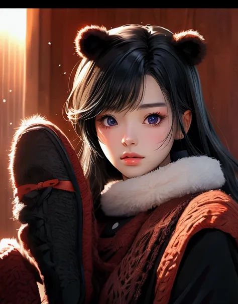  A beautiful Korean girl .
 long black hair , with a fringe.
 Shes dressed in cat-print pajamas .
Bear slippers on your feet.
 Shes running through the spooky forest at night alone.
Whole body.
 (Anime style 32K, HDR, UHD, Intricate detail, Extremely intri...