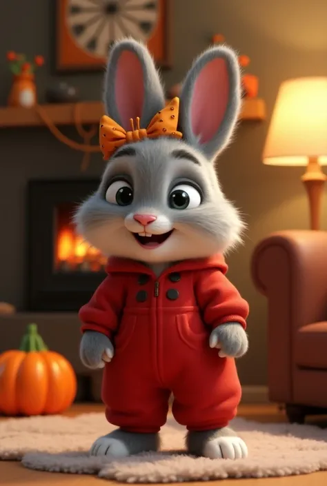 Pixar-style 3D rendering of a cute bunny in a red jumpsuit and red halloween horns. The bunny is standing on its hind legs. The background is a cozy living room, with halloween decorations with a soft rug.