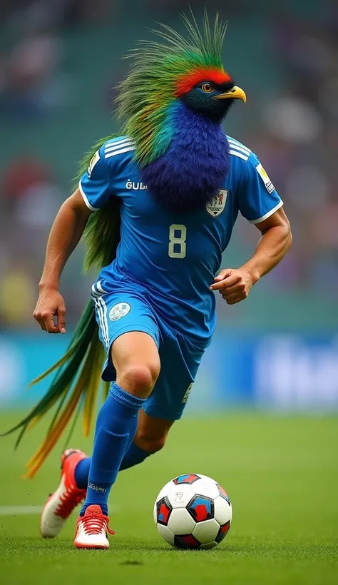 quetzal bird with a strong and muscular human body, and with quetzal hair wearing the Guatemala national team uniform and playing ball on a football field and with football boots on his feet 2024