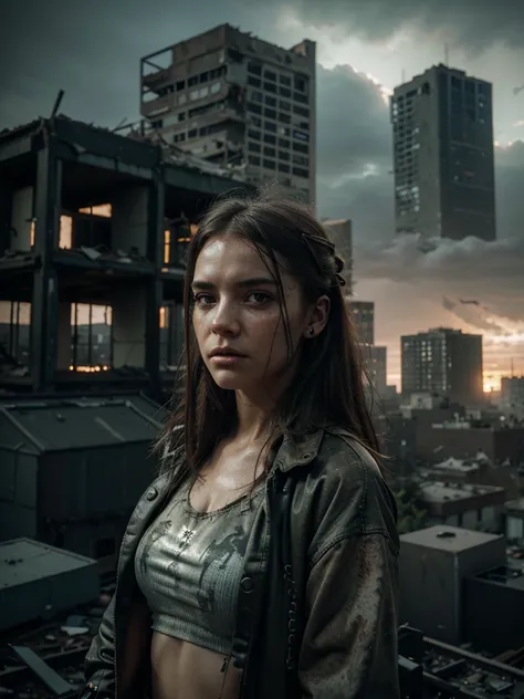 a post-apocalyptic urban landscape, abandoned city, girl on rooftop, ominous cloudy sky, rusting metal, crumbling buildings, broken windows, debris and rubble, overgrown vegetation, desolate atmosphere, detailed skin texture, porcelain doll-like features, ...