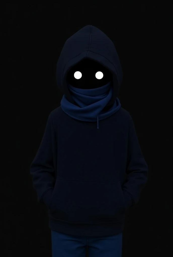 Anime from the front , black empty man, with hollow white eyes, blue scarf, hood covering part of the head, black sweatshirt, Jeans azul