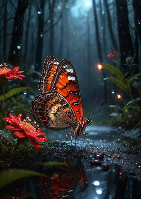 amazing quality, masterpiece, best quality, hyper detailed, ultra detailed, UHD, depth of field, 
butterfly, parking on (red floret), night, magic forest, fog, firefly, transparent and polishing ral-ntrgmstn, on side, darkness, glowing, (dazzling light:1.2...