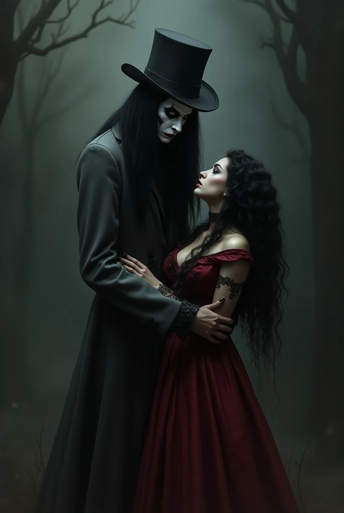 A tall man with long straight black hair and black eyes.
He is wearing a magicians hat.
He is wearing a gray coat that is pulled around his waist.
He has scary clown makeup, but he only used black and white colors for his makeup.
He is holding a  Woman who...