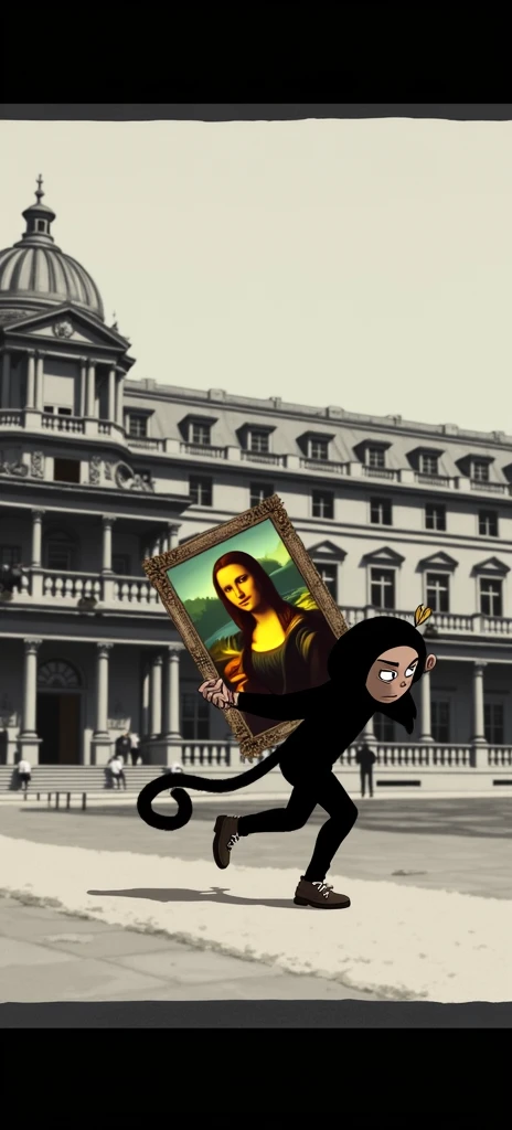 a guy wearing monkey cap , holding mona lisa, and running with it out of the museum 