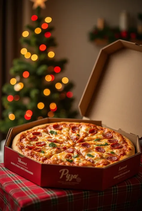  Make an octagonal pizza box art with a family of Brazilian brown characteristics,  around the Pizza box in the box written dot 48 Pizzas , with Christmas theme ,  this image must be realistic and the backstage must have a Christmas tree .
