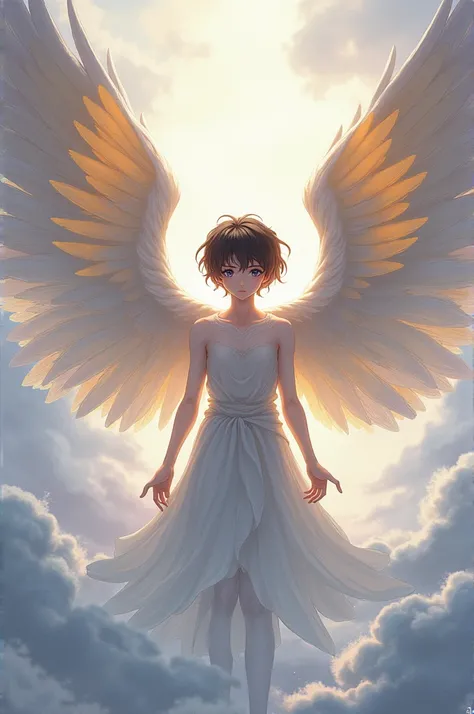  boy with 6 wings whose wings are white, yellow, purple and black anime style 