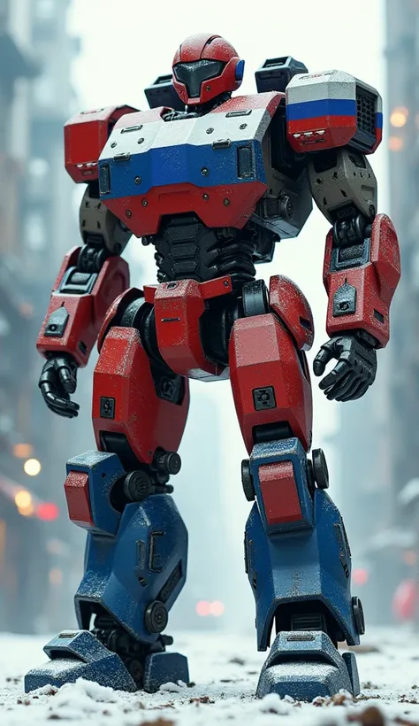 A robust and imposing robot in white, blue, and red, representing the Russian flag. It has a sturdy, industrial appearance, with accents of snow and steel.