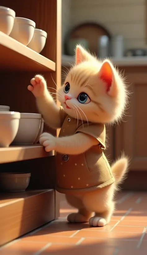 realistic picture,8k,in the kitchen Scene of a light brown kitten putting bowls on the shelf wearing a brown star-patterned apron. and his expression is full of concentration.