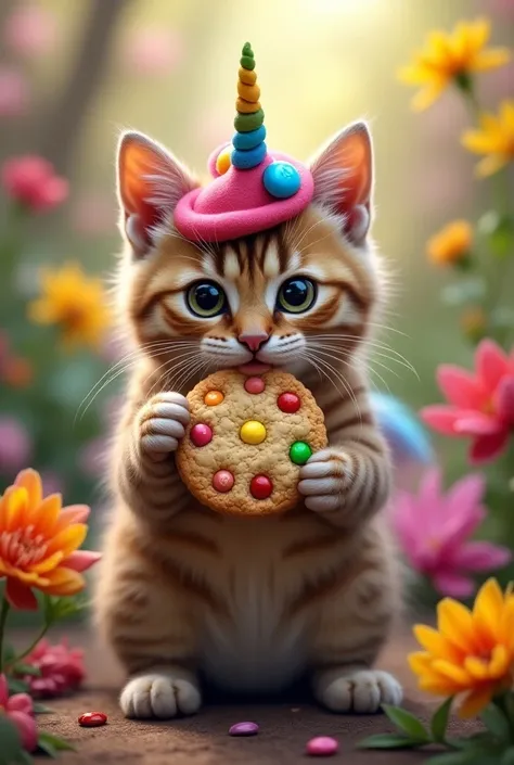 Bengaal fluffy cat eats M&M cookie and is dressed as a unicorn,background flowers 