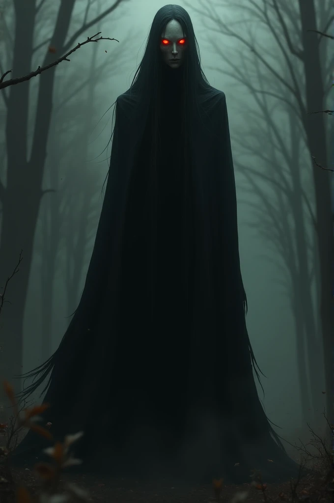 Slender man with black cloak and red eyes with no face and scrappy hair