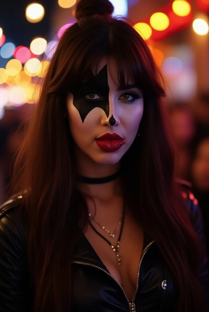  Young girl 20 years old long brown hair with split bangs, it&#39;s Halloween,  she is disguised as Gene Simmons from the rock band KISS, Woman painted as Gene Simmons 