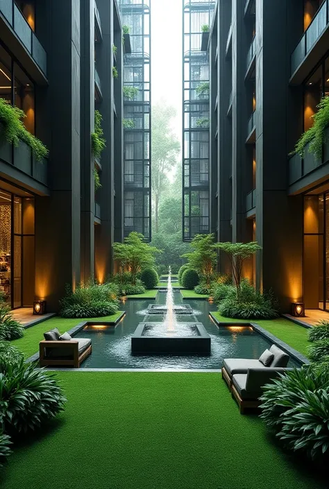  Green area in the center of a hotel with panoramic elevators, a modern square fountain and comfortable seating near 