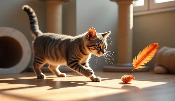 photo realism.  Image of a game set with tunnels , with scratching posts and toys ,  where a cat is actively playing with a feather toy,  demonstrating your hunting instincts .