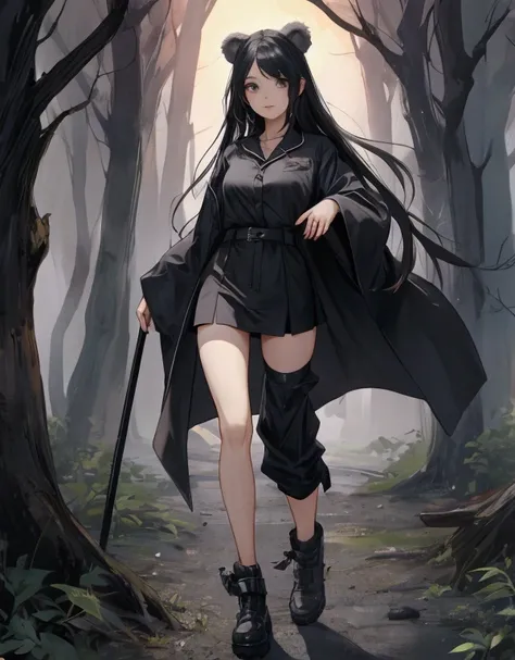 manga style: 
 A beautiful Korean girl .
 long black hair , with a fringe.
 Shes dressed in cat-print pajamas .
Bear slippers on your feet.
 Long and thin legs, sexy.
 Shes running through the spooky forest at night alone.
Whole body.
Are you standing runn...