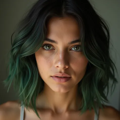  hyper-realistic 23-year-old white Latin girl with freckles,  for Instagram , Ultra Definition, ( photorealistic : 1.4), 8k, delicate way, natural makeup, RAW photo, iPhone, HDR, With black and green hair, no sofa