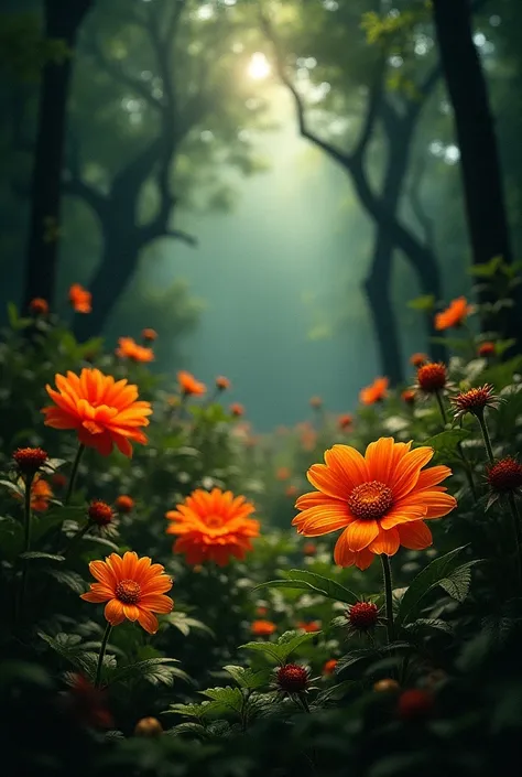 A large dark garden with vibrant bright orange flowers.