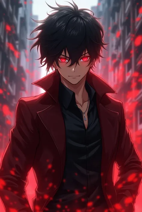 Anime, male,black hair, red eyes,stylish clothes,
Red aura 