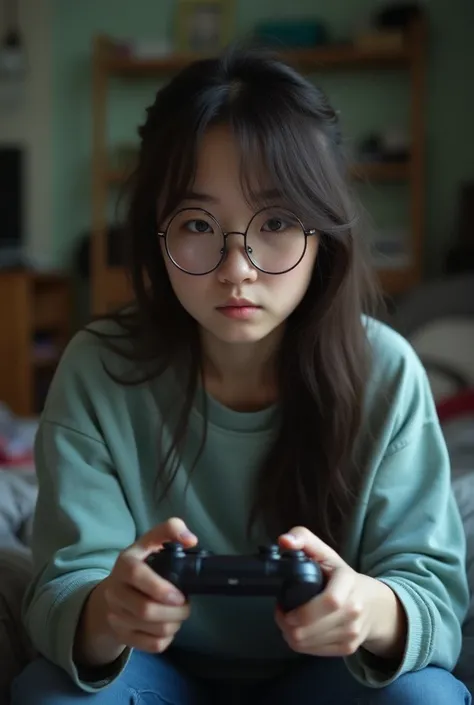 shy 20 yo girl playing videogames, holding a game controller, real bad quality photo, casual clothes, messy bedroom, eyebags, wearing glasses