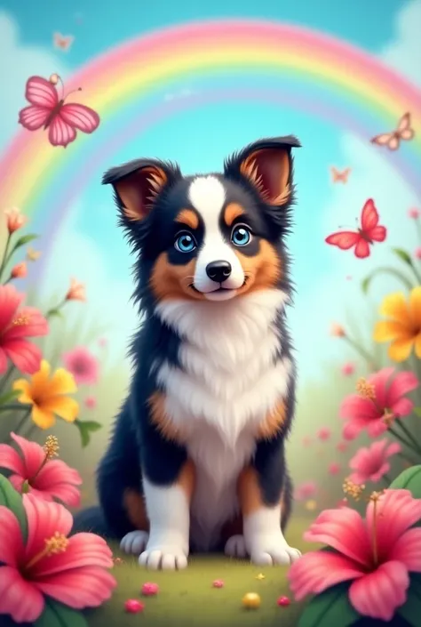 1 Tricolored Australian Shepherd Dog
 white and blue eyes
Rainbow
HIBISCUS
Pastel colors
Butterflies
Bubbles 