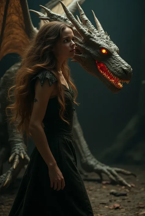  A beautiful girl with long brown hair., Emma Watson, turning into a dragon, a cuatro patas, torn clothes, screaming in terror because of the pain , photorealist,  intricate details ,  dramatic lighting , Dark fantasy,  cinematographic , Highly detailed, 8...