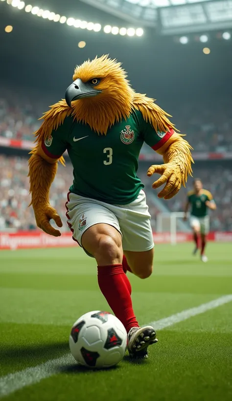 golden eagle with a strong and muscular human body, and with golden eagle hair wearing the Mexico uniform of the Mexico football team and playing ball on a football field and with the cleats on his feet 2024