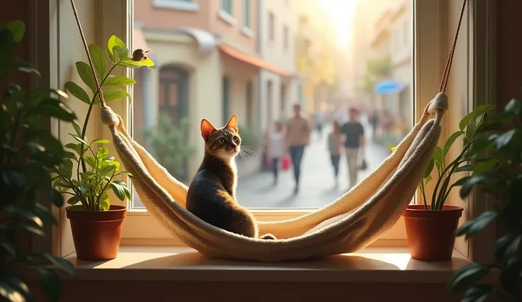 photo realism.  Image of a windowsill with a soft hammock , where the cat is comfortably seated ,  carefully watching birds and passers-by outside.