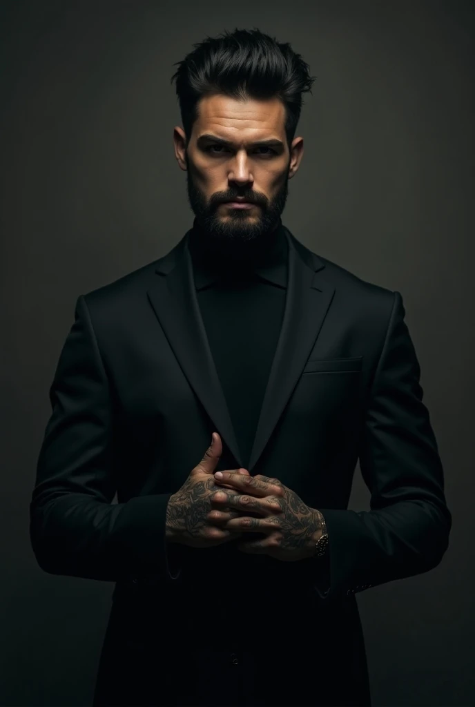 Black haired man, young, very attractive,  a dark beard and dressed in a suit,  with tattoos on his hands . He is the leader of a mob  