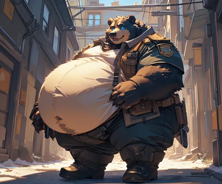 Very Extremely Morbidly-Obese Grizzly Bear with Very Extremely massive Overhang hyper Belly, very extremely overweight, massive belly, Wears boots, showing impression, chubby face, chubby legs, chubby butt, Blue eyes, holds Gun