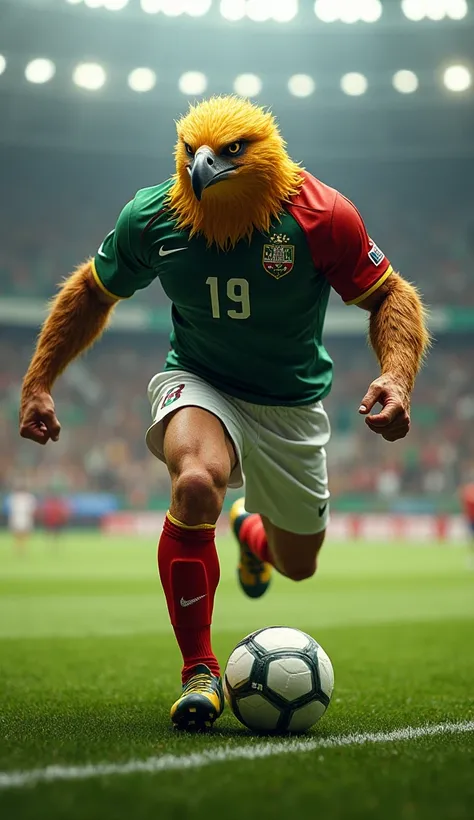 golden eagle with a strong and muscular human body, and with golden eagle hair wearing the Mexico uniform of the Mexico football team and playing ball on a football field and with the cleats on his feet 2024