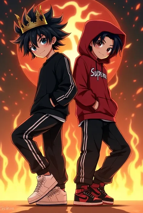 Anime boy with black hair with crown and blue eyes black sweater and white stripes a fire logo and black pants and white stripes on the sides white shoes next to anime boy with short black hair and red highlights red sweater with a supreme logo black pants...