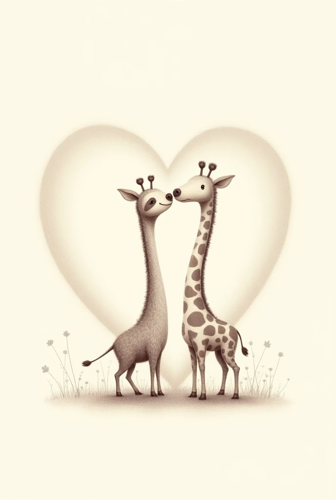 A sloth and a giraffe with the names ADELE and LEO in a heart in the background in pencil style 