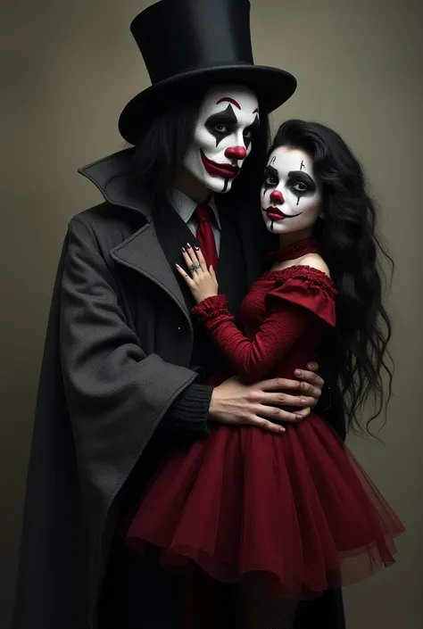 ((best quality)), ((masterpiece)), (detailed), 1girl, off-shoulder sweater, 
A tall man with long straight black hair and black eyes.
He is wearing a magicians hat.
He is wearing a gray coat that is pulled around his waist.
He has scary clown makeup, but h...