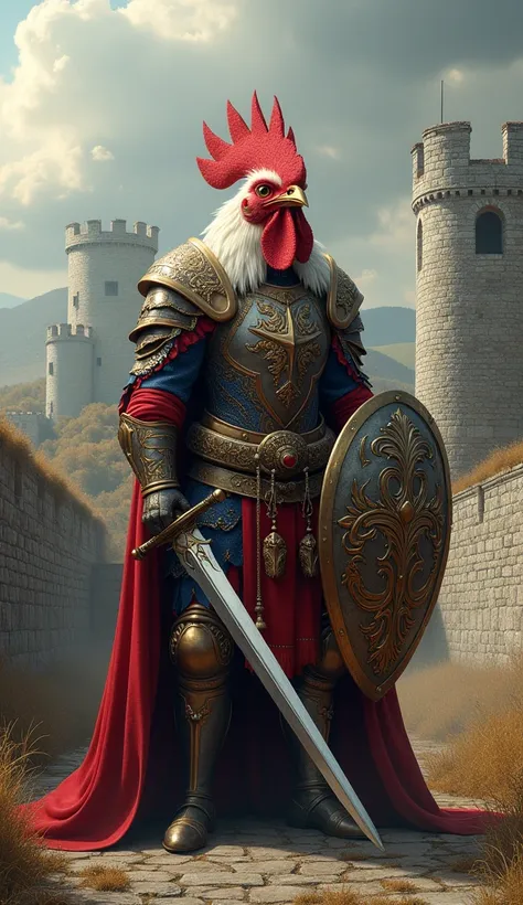 A rooster king in noble human body with a sword and shield, defending a medieval castle. (Ultrarealistic, full body, powerful, large)