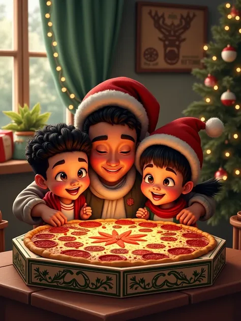 Make octagonal pizza box art with a Christmas-themed Brazilian family, This image needs to be realistic
