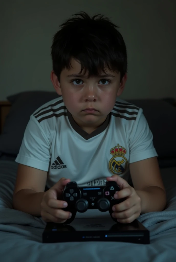 Take me a photo of a sad  boy who is a Real Madrid fan playing PlayStation and he must look southern and be slightly fat